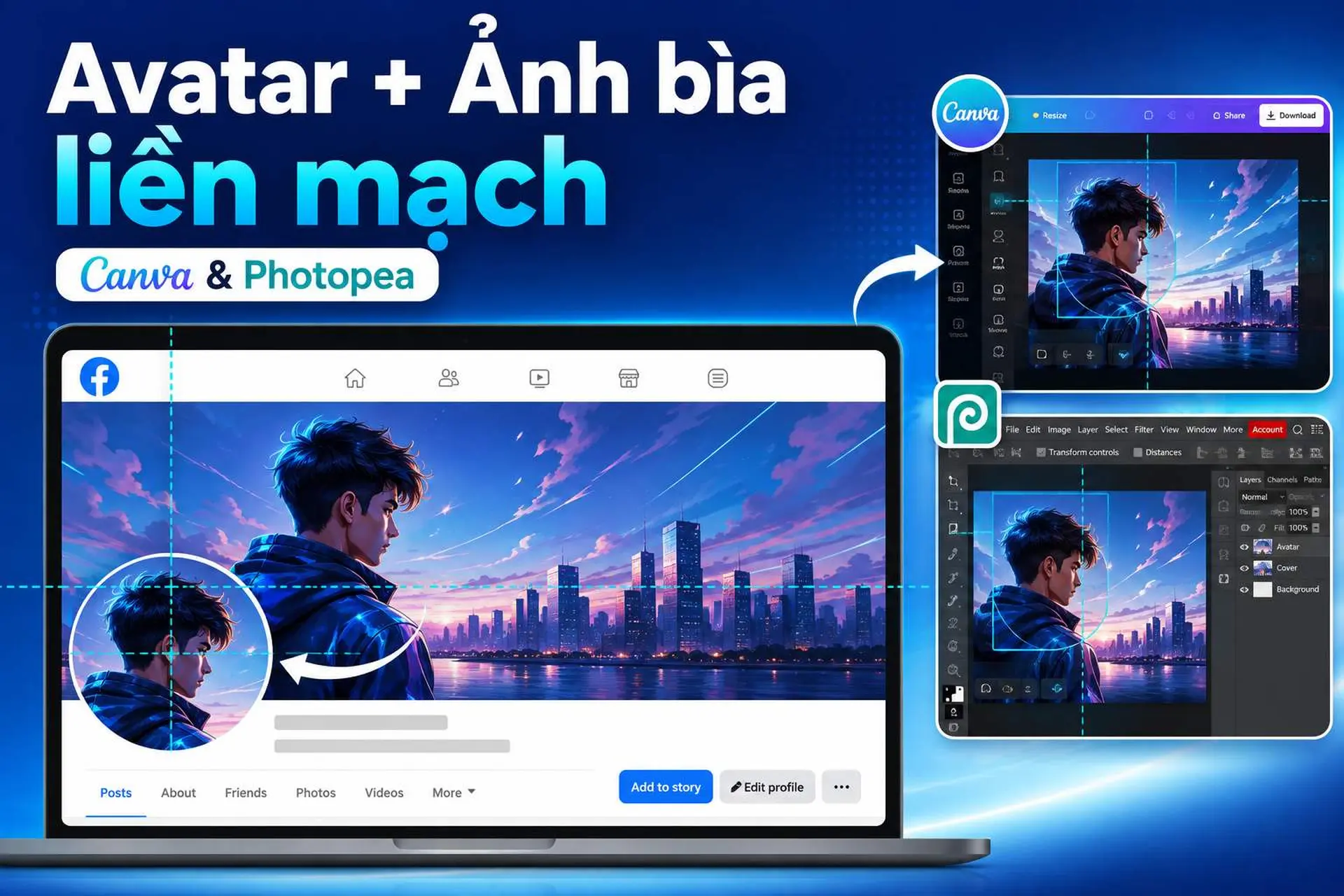 Cách tạo avatar khớp ảnh bìa Facebook liền mạch, đúng vị trí bằng Canva và Photopea