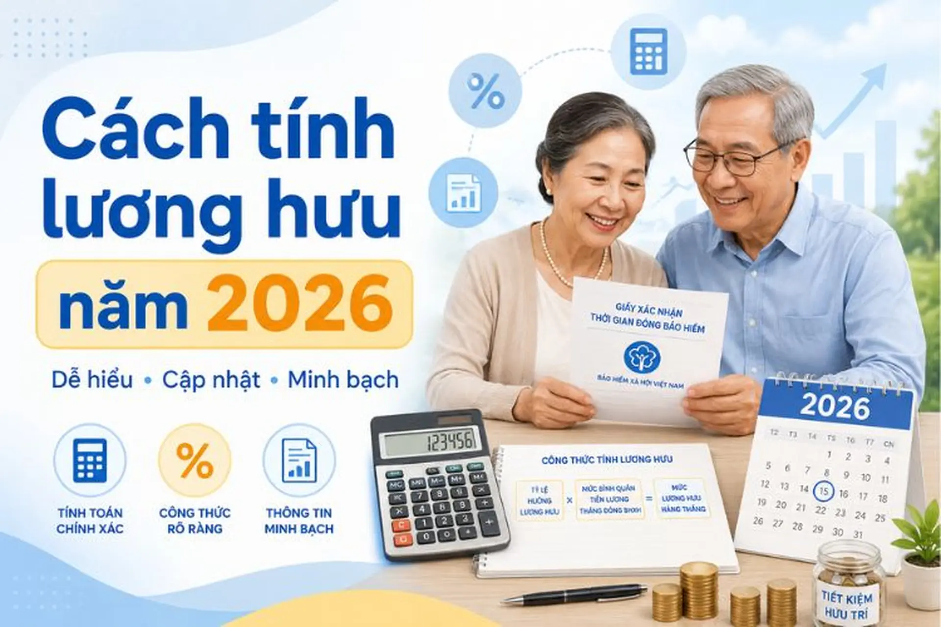 Cách tính lương hưu năm 2026: Công thức, điều kiện hưởng và ví dụ dễ hiểu