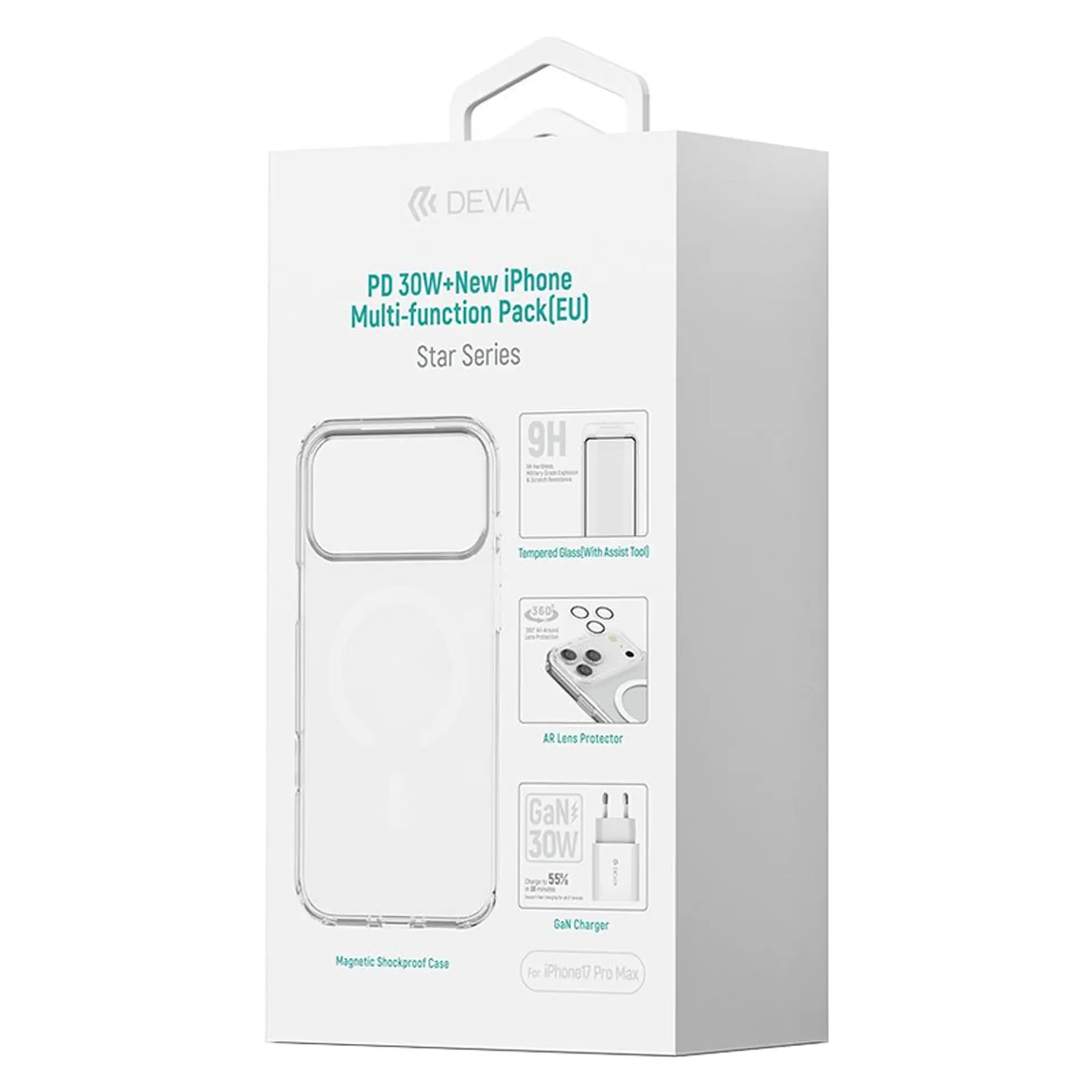 Combo 4in1 miếng dán kính cường lực/Ốp lưng Magsafe/ Lens camera/ Củ sạc 30w iPhone 17 Pro Max Devia