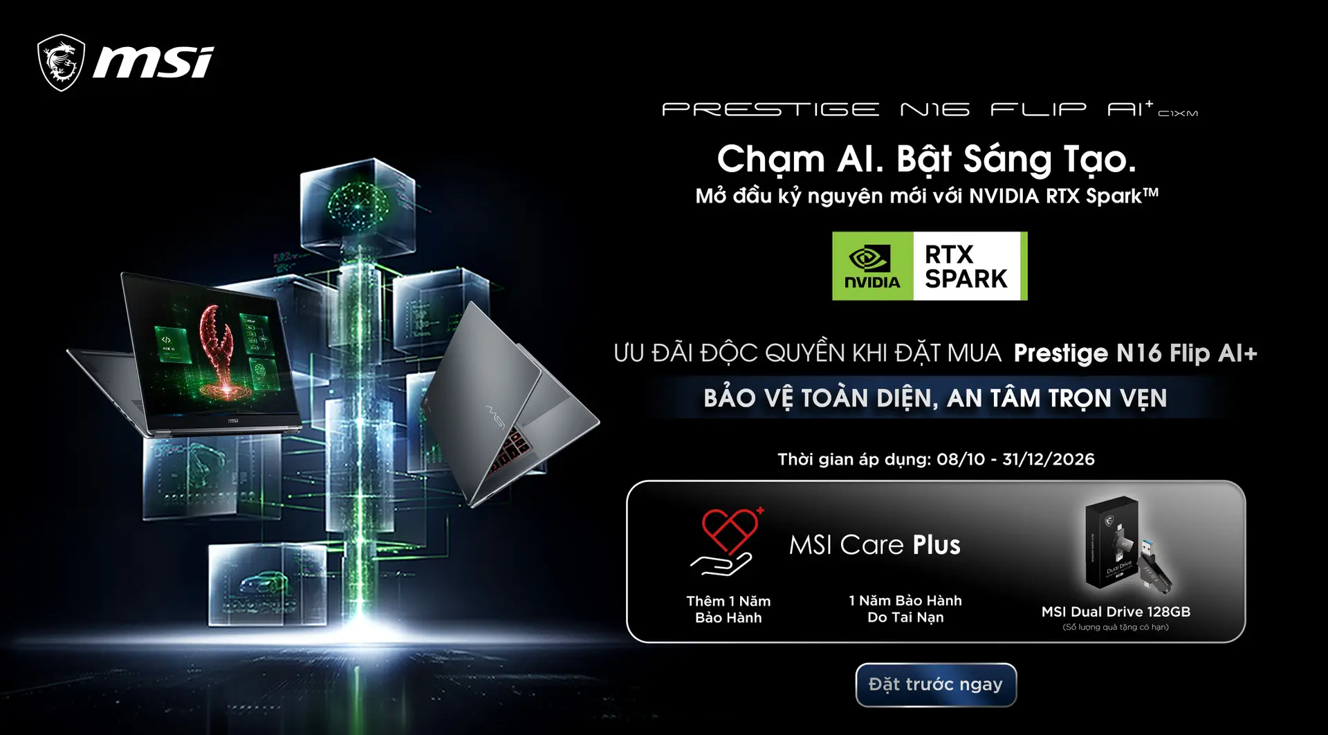 Đặt sớm MSI Prestige N16 Flip AI+ tại FPT Shop: Bảo hành 3 năm, quà tặng hấp dẫn