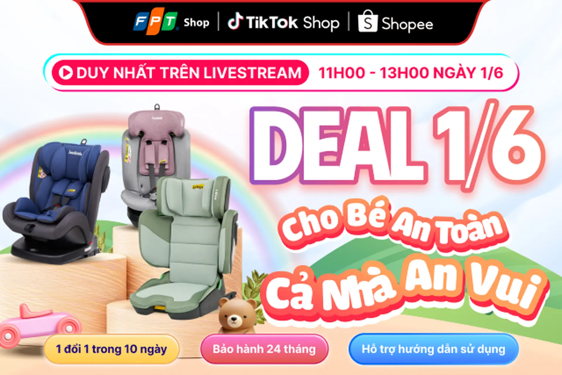 Deal 1/6 Cho bé an toàn, cả nhà an vui: Ghế ô tô trẻ em Jovikids chỉ còn 2.2 triệu đồng trên Livestream TikTok FPT Shop