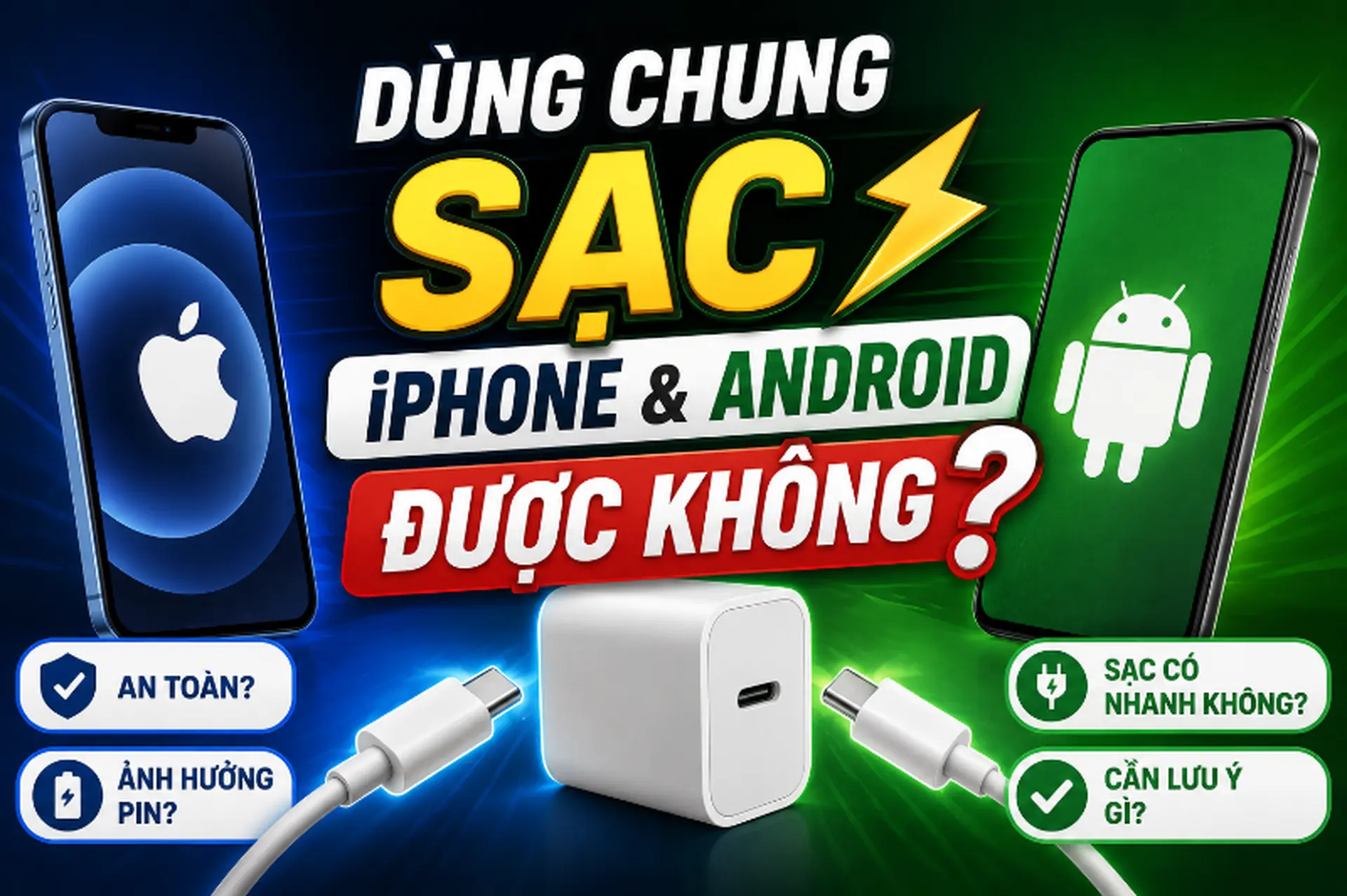 Dùng chung sạc iPhone và Android được không? Giải đáp chi tiết từ A đến Z