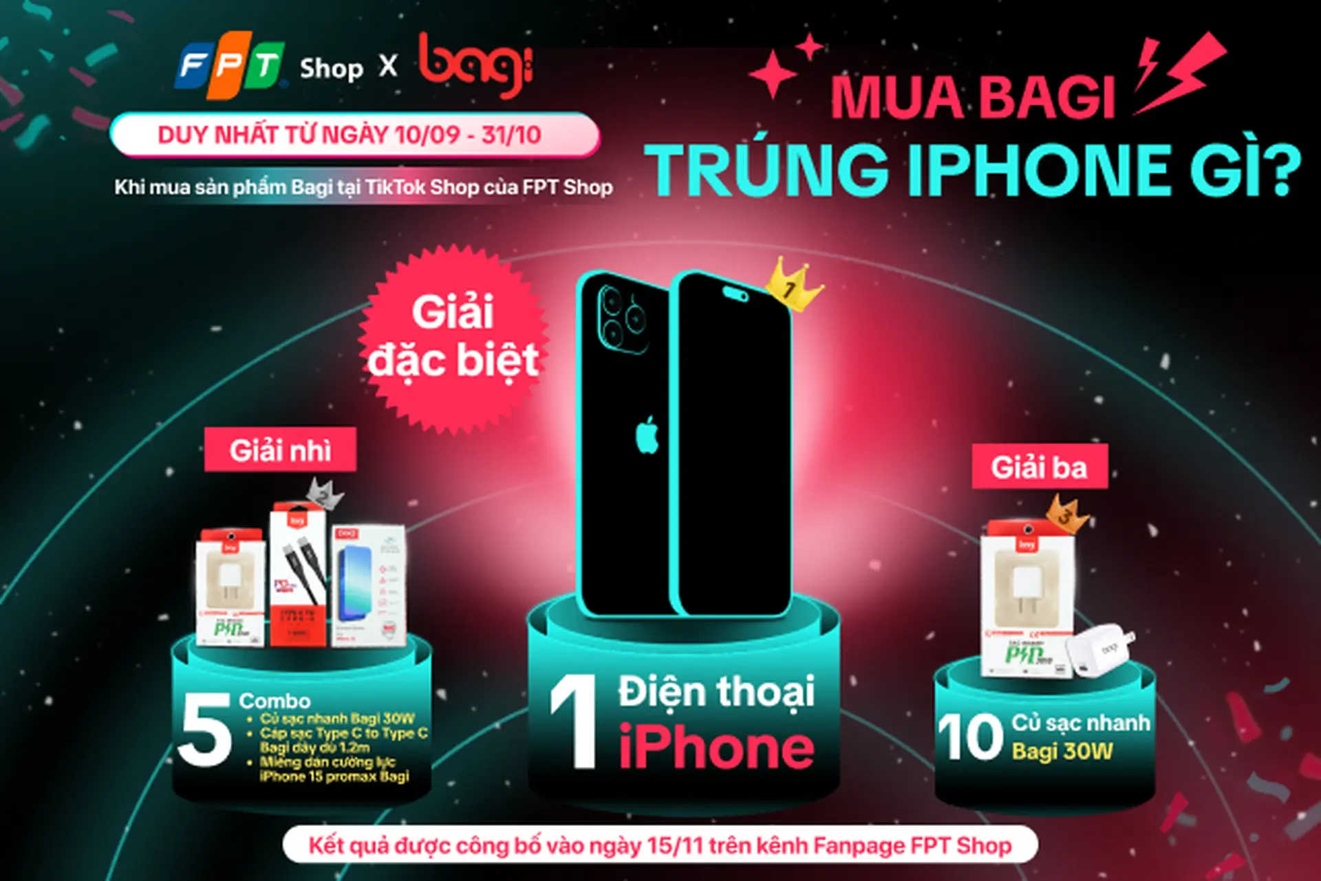 Mua Bagi trúng iPhone gì: Cơ hội sở hữu iPhone giá 0 đồng khi mua phụ kiện Bagi tại TikTok Shop FPT Shop