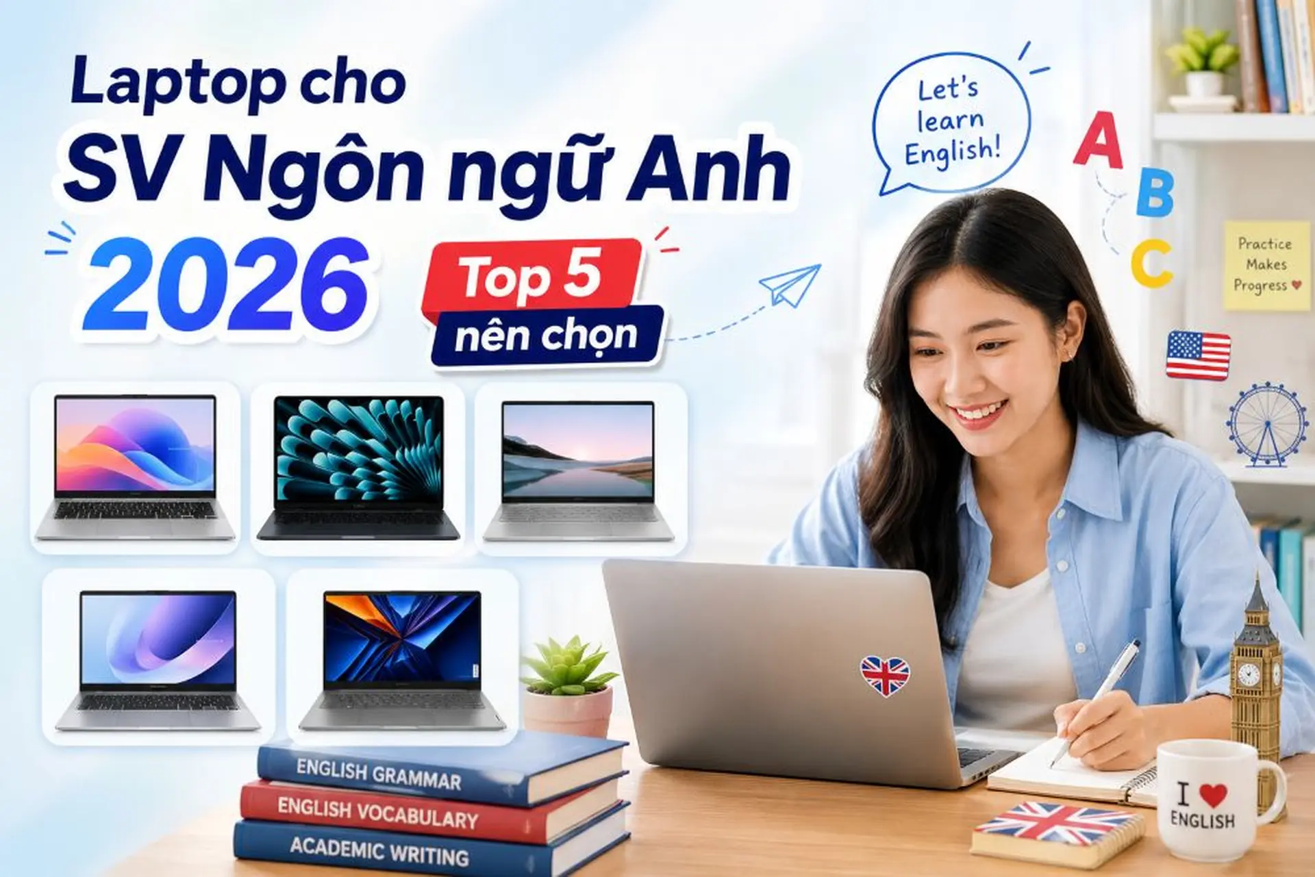 Top 5 laptop cho sinh viên ngành Ngôn ngữ Anh 2026 học online, làm bài và dịch thuật hiệu quả