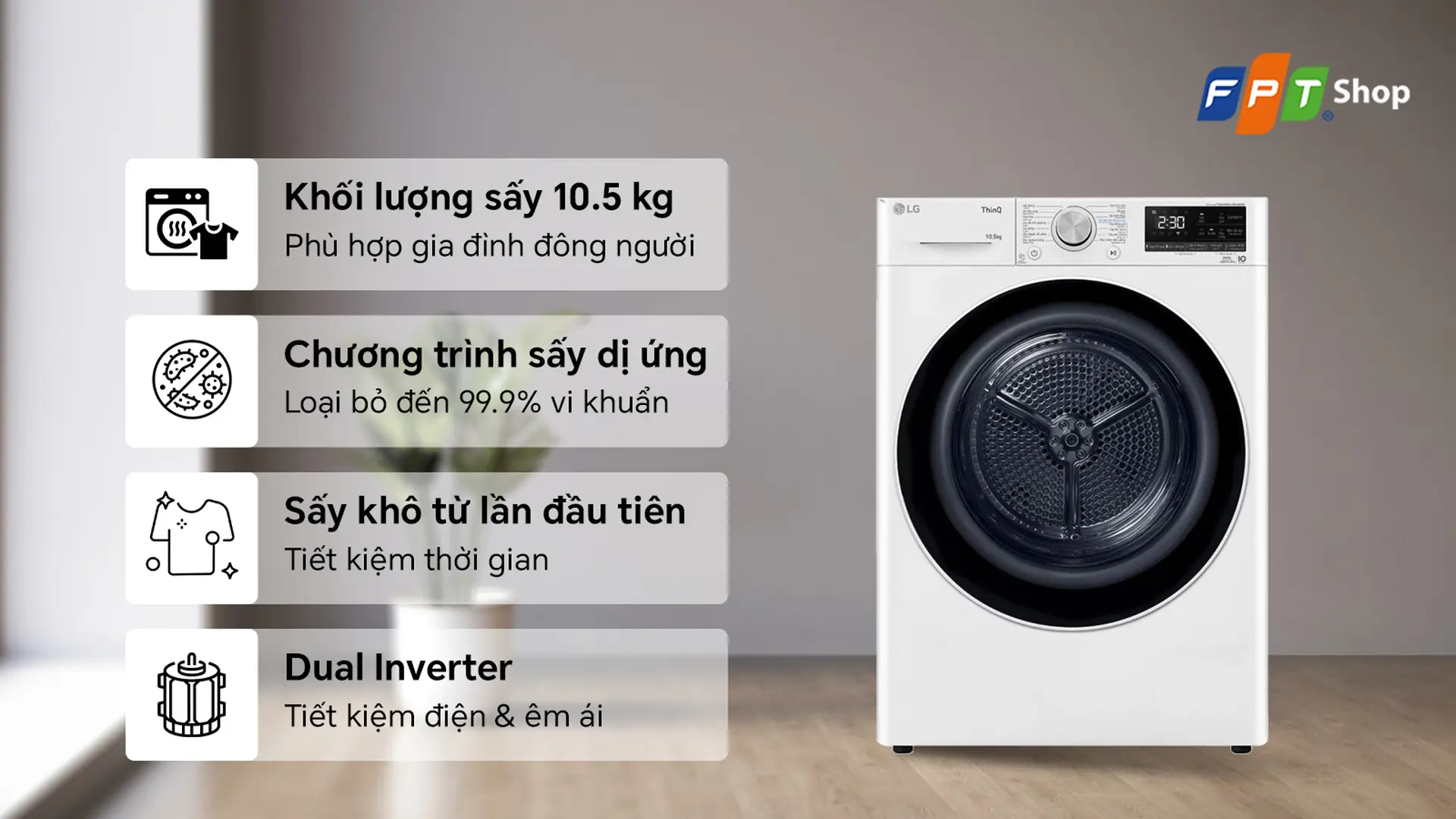 Máy sấy bơm nhiệt LG Inverter 10.5 kg DVHP50W