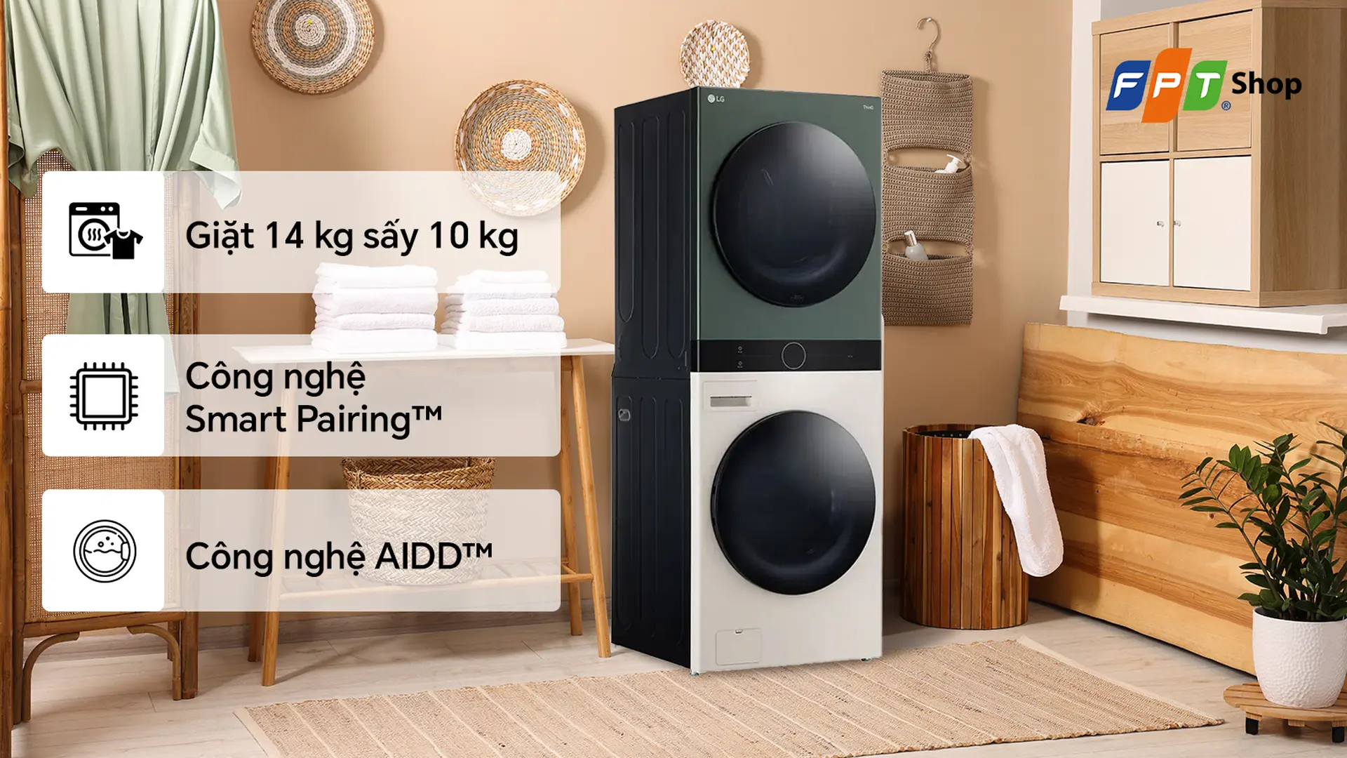 LG WashTower Inverter giặt 14 kg - sấy 10 kg WT1410NHEG