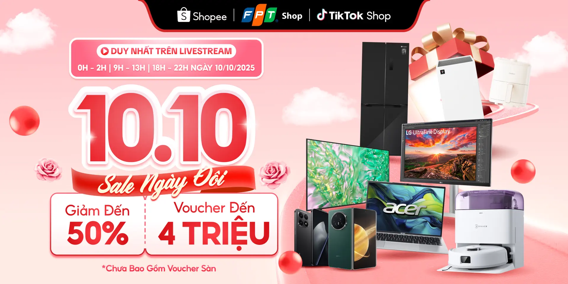 Tháng của Nàng – Ngàn deal sốc: Hàng công nghệ, điện máy giảm đến 50%, tặng thêm Voucher đến 4 triệu đồng trên Livestream Shopee và TikTok FPT Shop