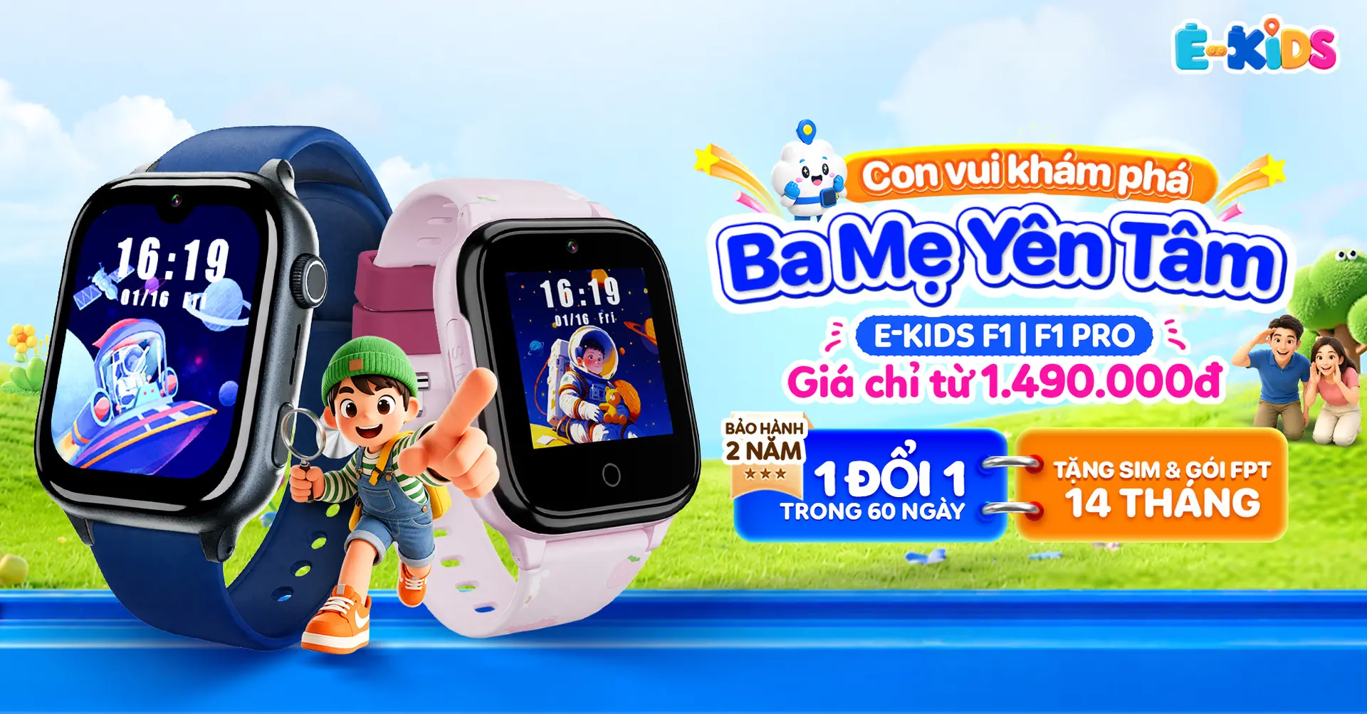 Mua đồng hồ E-KIDS F1 tại FPT Shop, nhận trọn bộ SIM FPT và data 14 tháng, bảo hành đến 2 năm