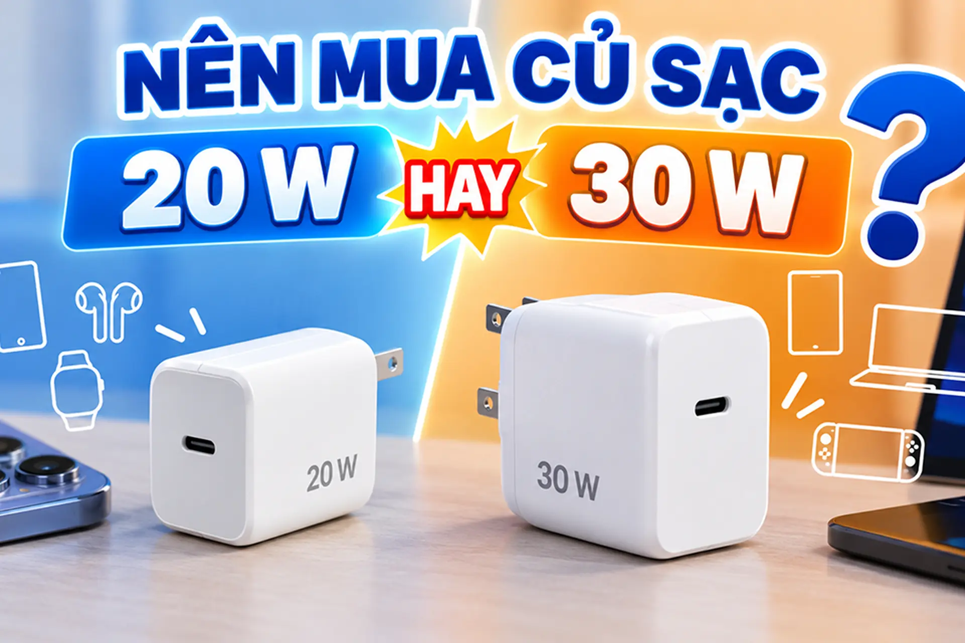 Nên mua củ sạc 20 W hay 30 W? Cách chọn công suất phù hợp cho từng nhu cầu thực tế