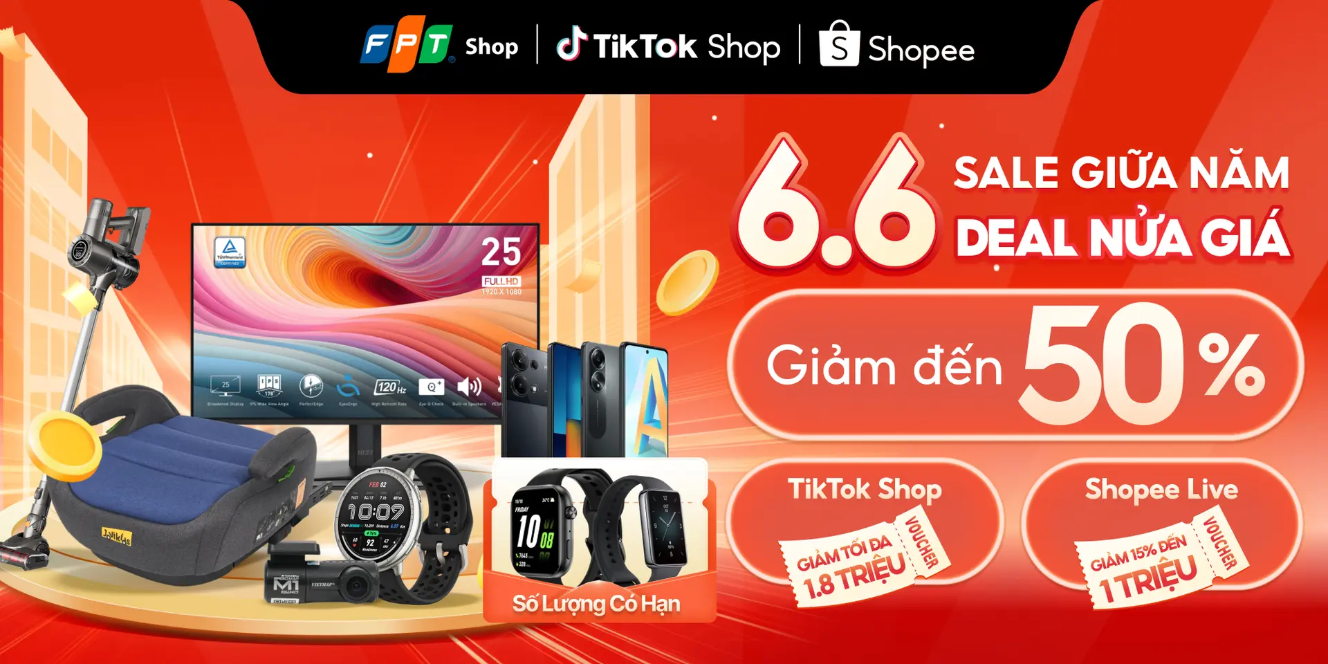 6/6 Sale giữa năm – Deal nửa giá: Hàng công nghệ giảm tới 50% khi xem Livestream TikTok và Shopee FPT Shop
