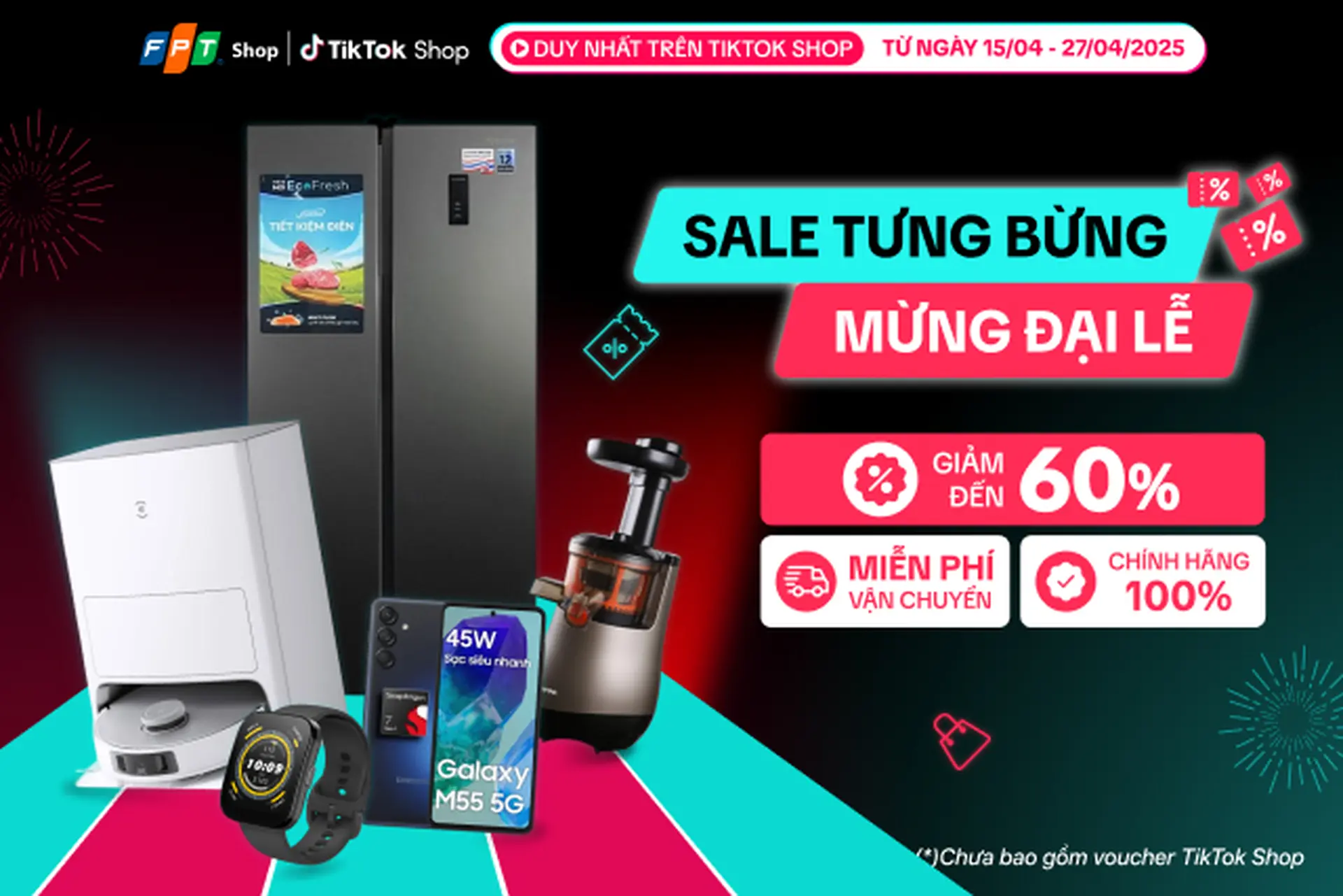 Tháng 4 Sale tưng bừng – Mừng đại lễ, FPT Shop giảm đến 60%, Voucher giảm thêm 1 triệu, miễn phí vận chuyển, săn sale ngay tại Livestream TikTok FPT Shop mỗi ngày