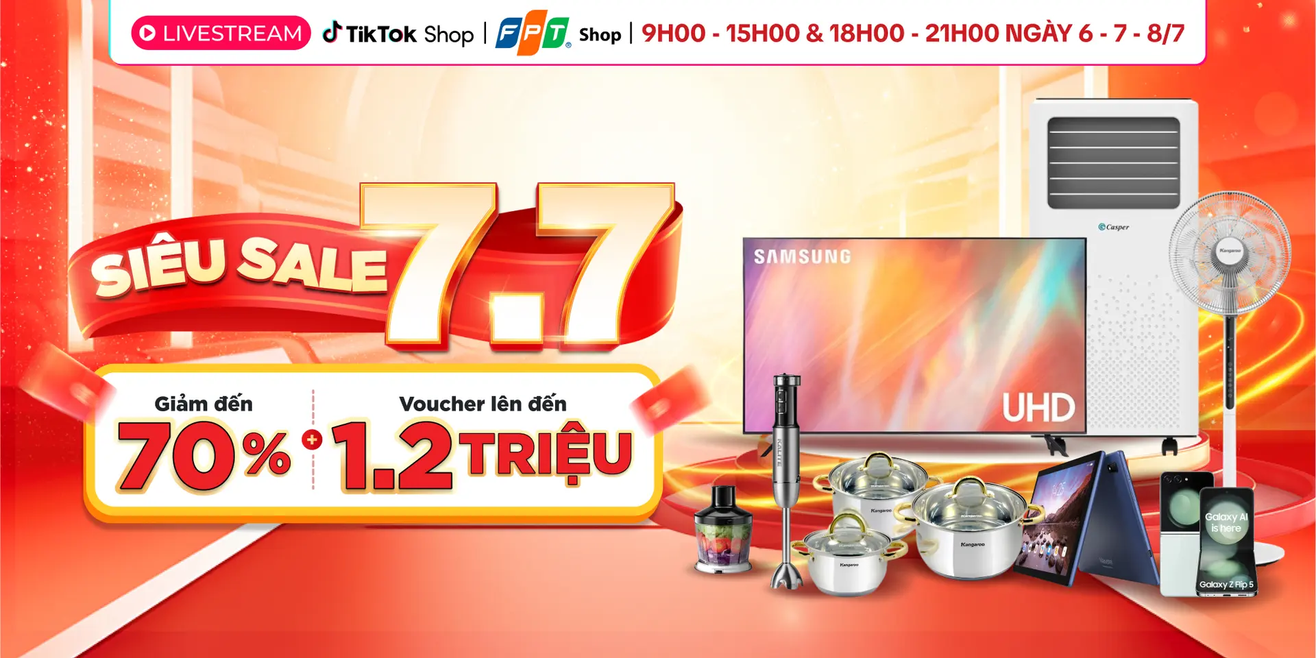 Siêu Deal tháng 7 – Bão Sale hết sảy, xem Livestream TikTok FPT Shop săn hàng giảm giá 70%, giảm thêm Voucher đến 1,2 triệu đồng