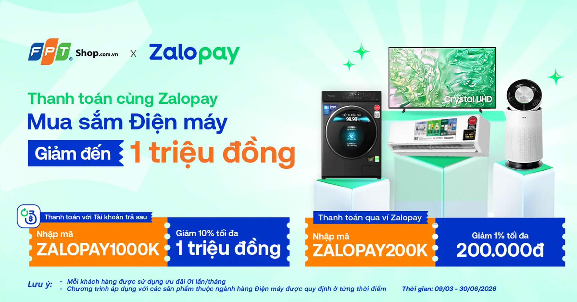 Thanh toán ZaloPay tại FPT Shop, giảm đến 1.000.000 đồng khi mua điện máy