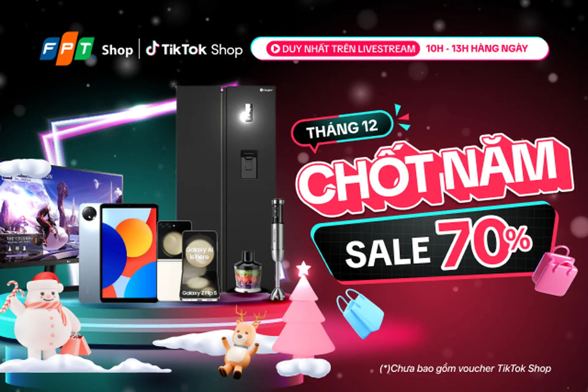 Mừng tháng 12 Chốt năm, Điện thoại, hàng công nghệ, Điện máy – Gia dụng Sale tới 70% trên TikTok FPT Shop