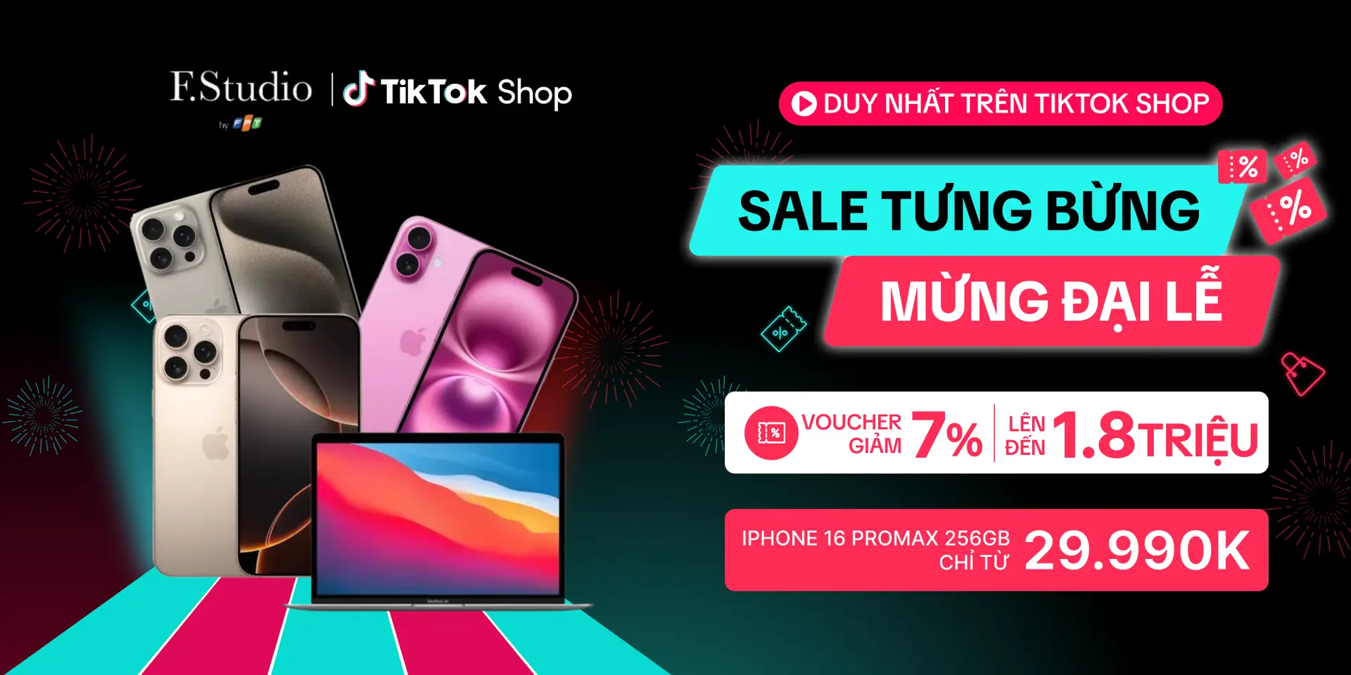 Sale tưng bừng – Mừng đại lễ, nhận ngay voucher giảm đến 1,8 triệu trên gian hàng Tiktok Shop của F.Studio by FPT