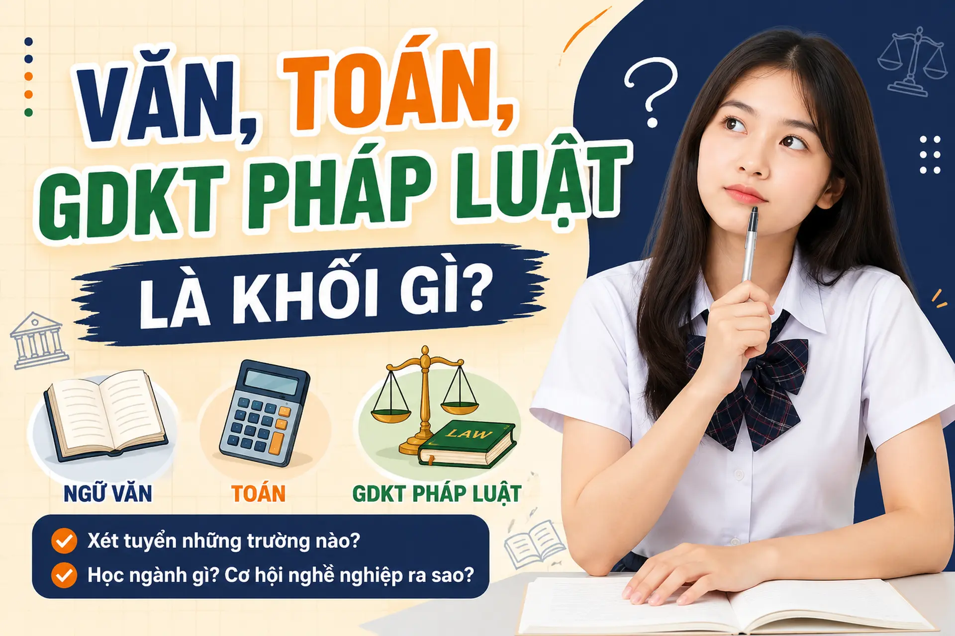 Văn, Toán, GDKT Pháp Luật là khối gì? Ngành học phù hợp và cơ hội nghề nghiệp rộng mở