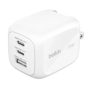 Củ sạc nhanh 3 cổng GaN 70W (2 USB-C + USB-A) PD/PPS Belkin