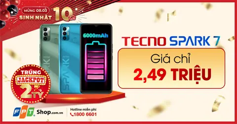Độc quyền FPT Shop: Smartphone Tecno Spark 7 ưu đãi bất ngờ, chỉ còn 2,49 triệu