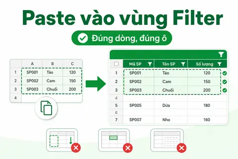Cách paste nhiều dữ liệu vào vùng filter trong Excel không bị lệch dòng, sai ô hoặc mất dữ liệu