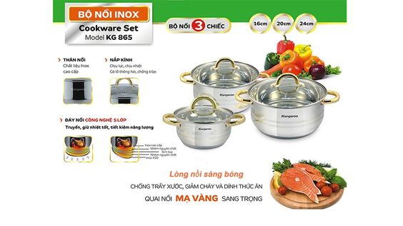 Bộ nồi inox 3 chiếc 5 đáy nắp kính Kangaroo KG865 - hình 1