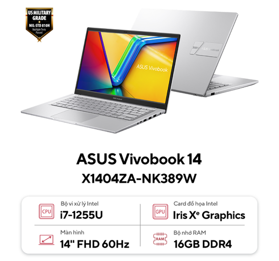 Laptop Asus Vivobook 14 X1404ZA-NK389W được trang bị chip Intel Core i7 1255U
