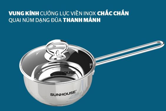Vung kính inox chắc chắn, quai núm dạng đũa thanh mảnh