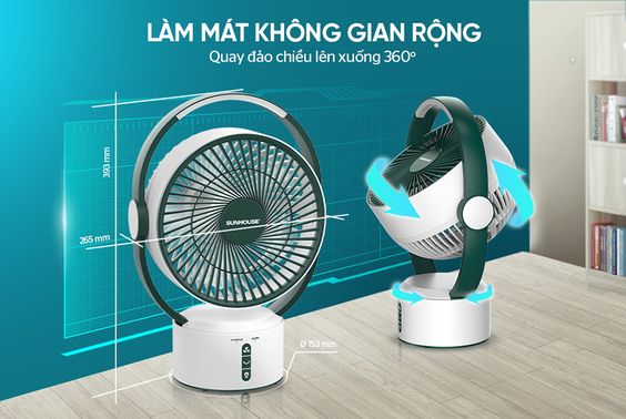 Quạt sạc Sunhouse SHD7116 có khả năng xoay đảo chiều 