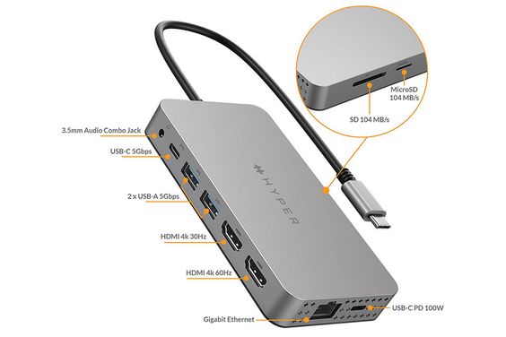Cáp Hub USB-C to HDMI Dual 4K 10 in 1 Hyperdrive 30