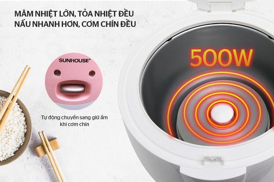 Nồi cơm điện Sunhouse 1.2 lít SHD8217W  có mâm nhiệt lớn giúp quá trình nấu diễn ra nhanh