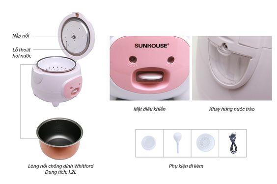 Nồi cơm điện Sunhouse 1.2 lít SHD8217W đi kèm nhiều thành phần