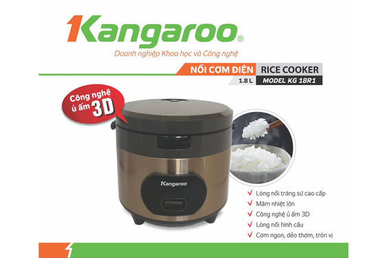 Nồi cơm điện Kangaroo KG18R1 có công nghệ ủ ấm 3D giúp cơm luôn nóng dẻo