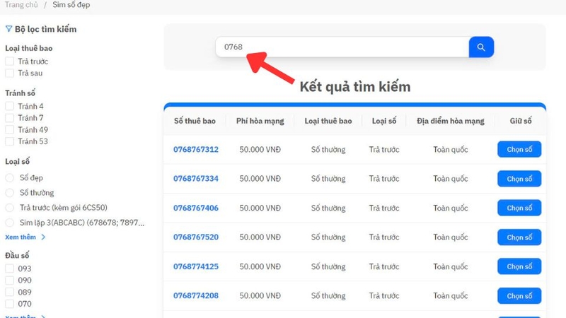 Bước 2: Trong phần tìm kiếm, tìm đầu số 0768 và nhấn TÌM KIẾM.