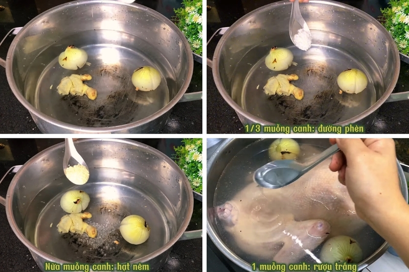 Cho vịt vào nồi nước lạnh cùng gừng, riềng, sả và ít hạt nêm, đun sôi với lửa to