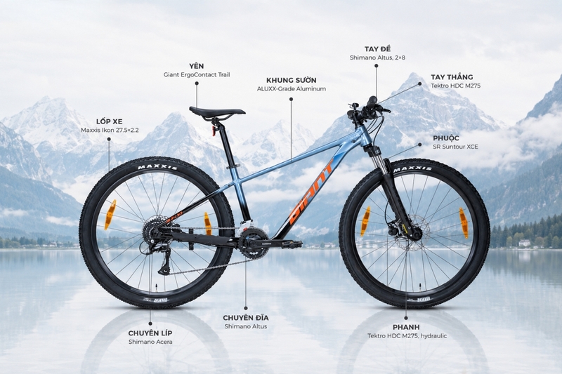 Khung xe MTB thường được làm từ thép, nhôm, carbon hoặc hợp kim tùy phân khúc