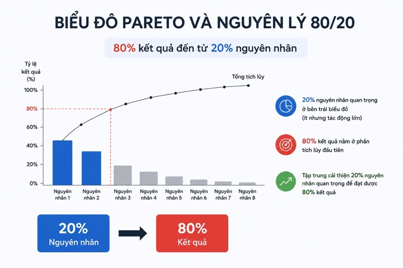 Biểu đồ Pareto liên quan gì đến nguyên lý 80/20?