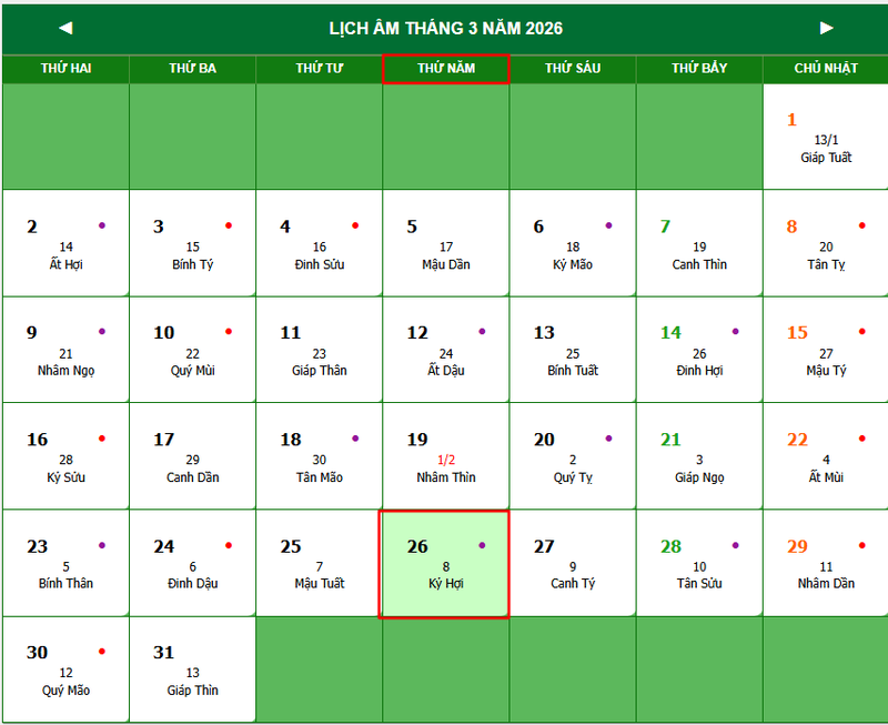 26/3/2026 là thứ mấy 2