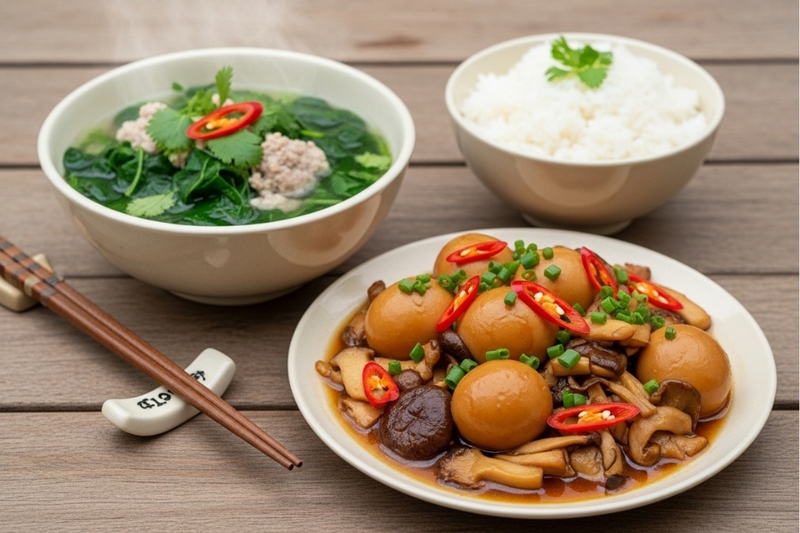 Ngày 1 - Trứng cút kho nấm đùi gà, canh rau ngót thịt băm