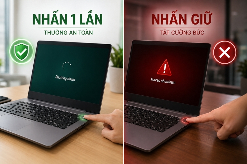Nhấn nút nguồn và nhấn giữ nút nguồn khác nhau thế nào