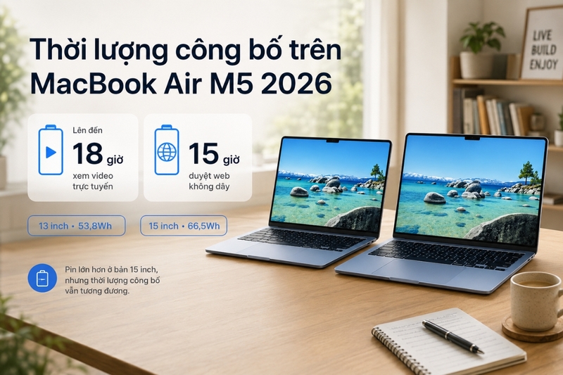 Thời lượng công bố trên MacBook Air M5 2026