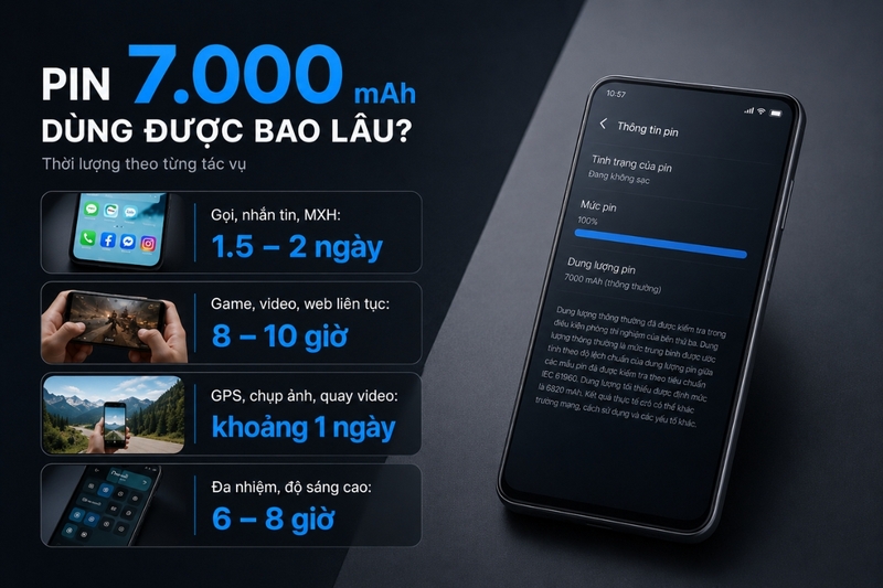 Pin 7.000 mAh sử dụng được bao lâu trong các tác vụ hàng ngày?