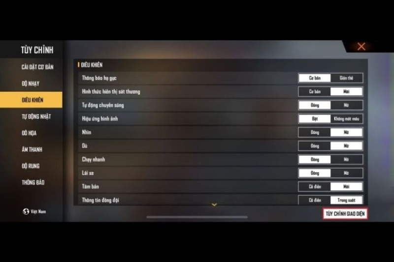 Vào phần cài đặt của Free Fire để tuỳ chỉnh