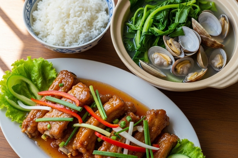 Ngày 3 - Sườn xào chua ngọt, canh ngao cải xanh