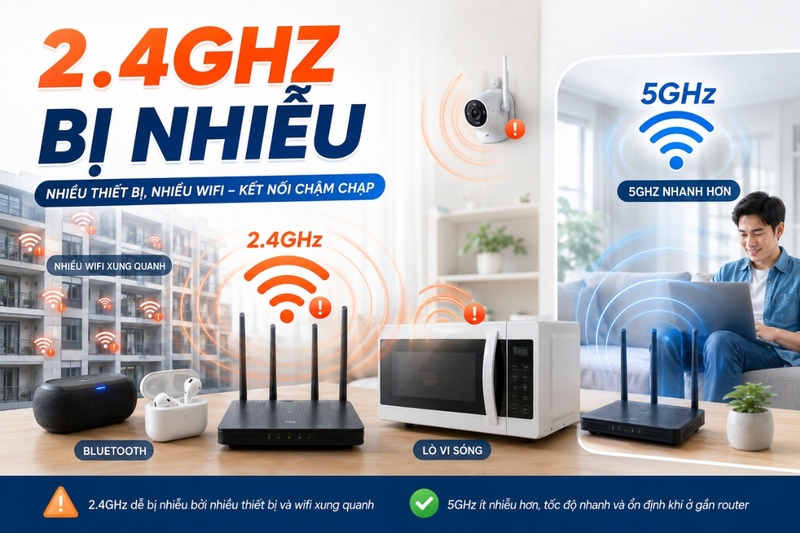 Tại sao WiFi chậm: Băng tần 2.4GHz bị nhiễu