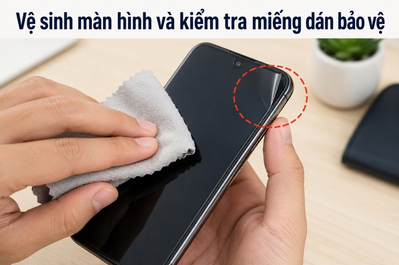 Vệ sinh màn hình và kiểm tra miếng dán bảo vệ