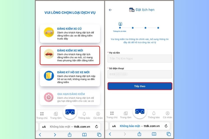 Chọn dịch vụ và kiểm tra thông tin