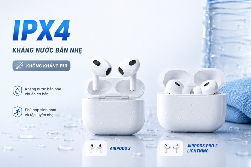 IPX4: Kháng nước bắn nhẹ, không kháng bụi