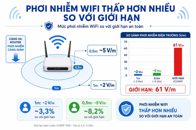 Mức phơi nhiễm WiFi so với giới hạn an toàn