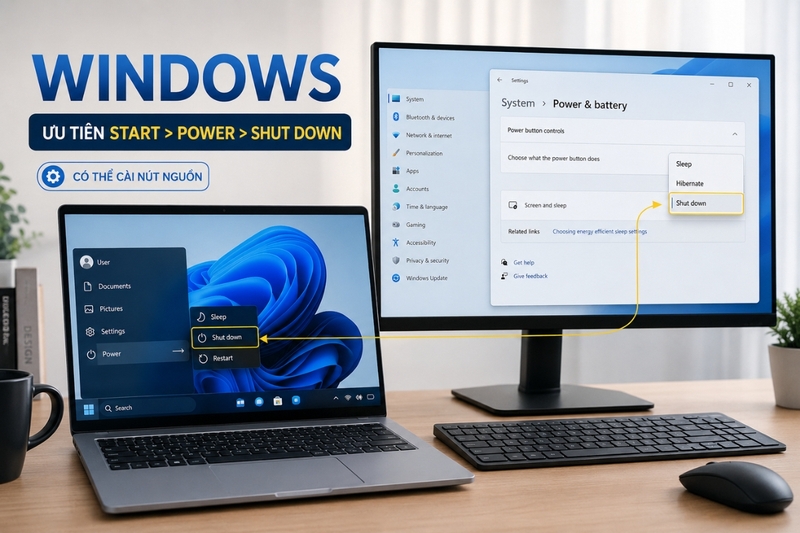 Tắt máy bằng nút nguồn trên Windows