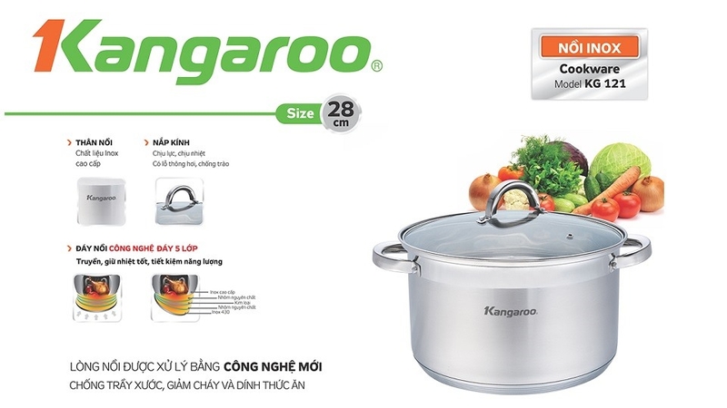 Nồi inox 5 đáy nắp kính 28 cm Kangaroo KG121