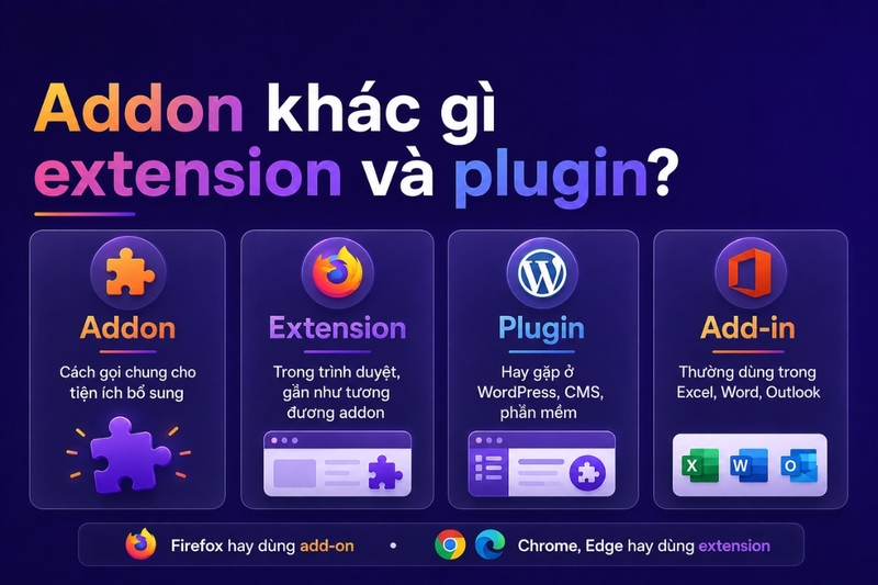 Addon khác gì extension và plugin?